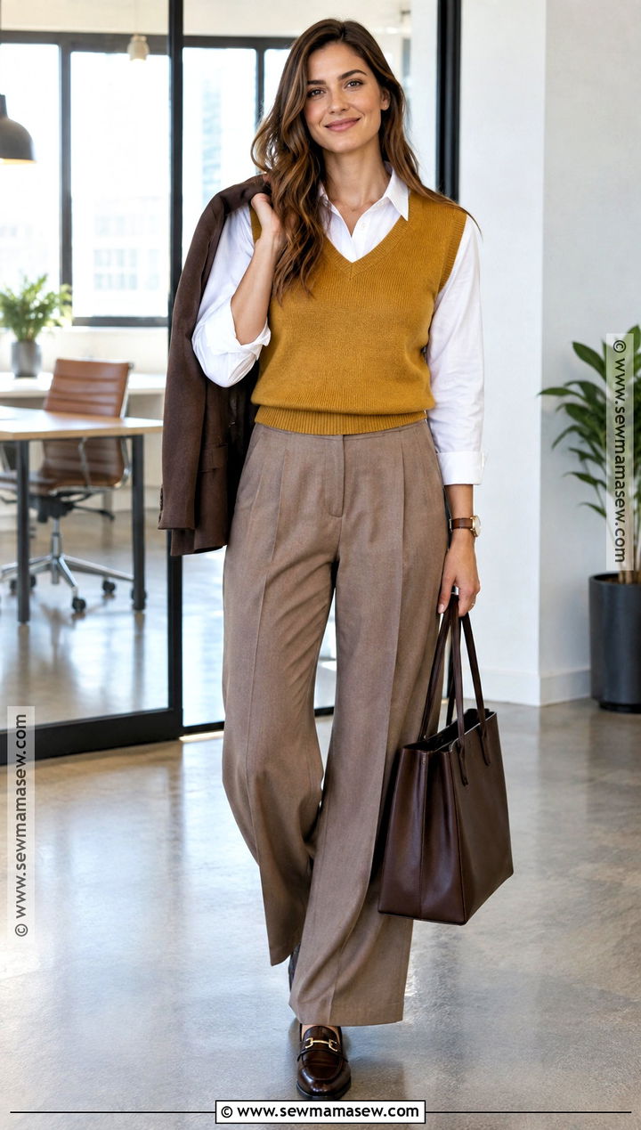 Yellow Sweater Vest With White Shirt And Trousers - 15 Autumn Yellow Sweater Ideas