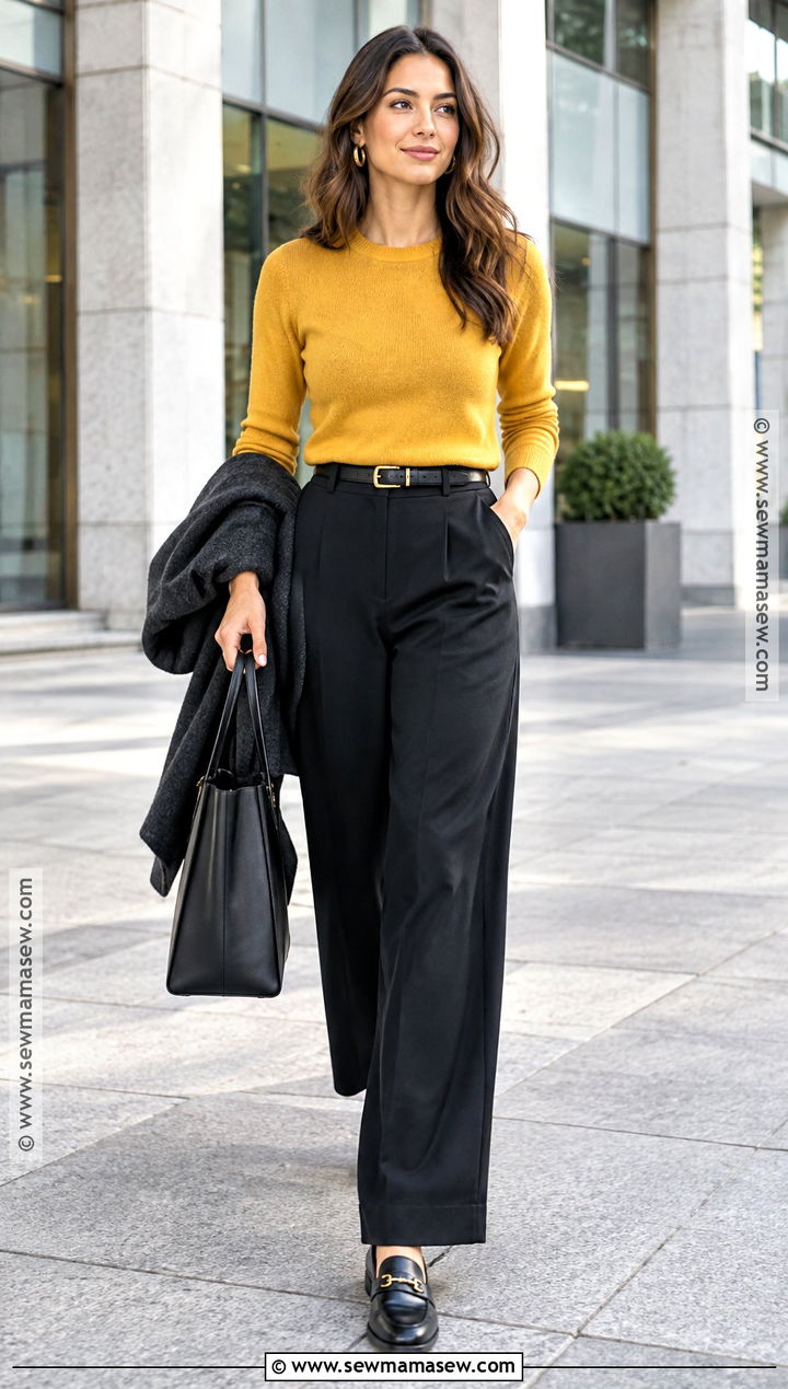 Yellow Sweater With Black Wide Leg Pants - 15 Autumn Yellow Sweater Ideas
