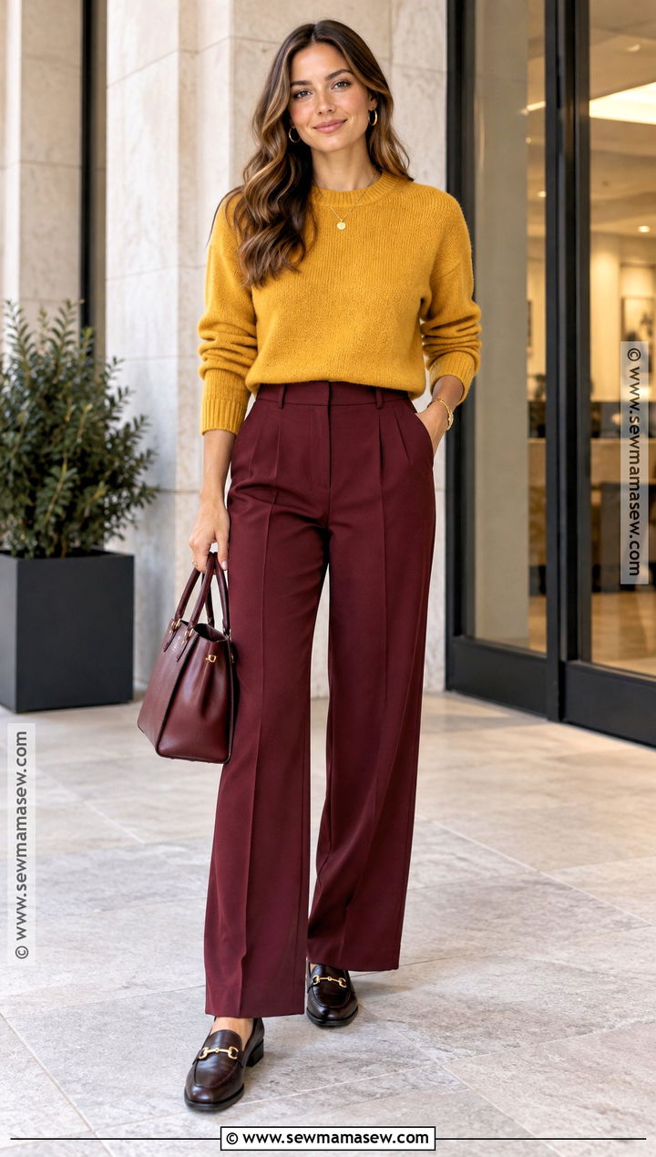 Yellow Sweater With Burgundy Trousers - 20 yellow sweater outfit fall ideas