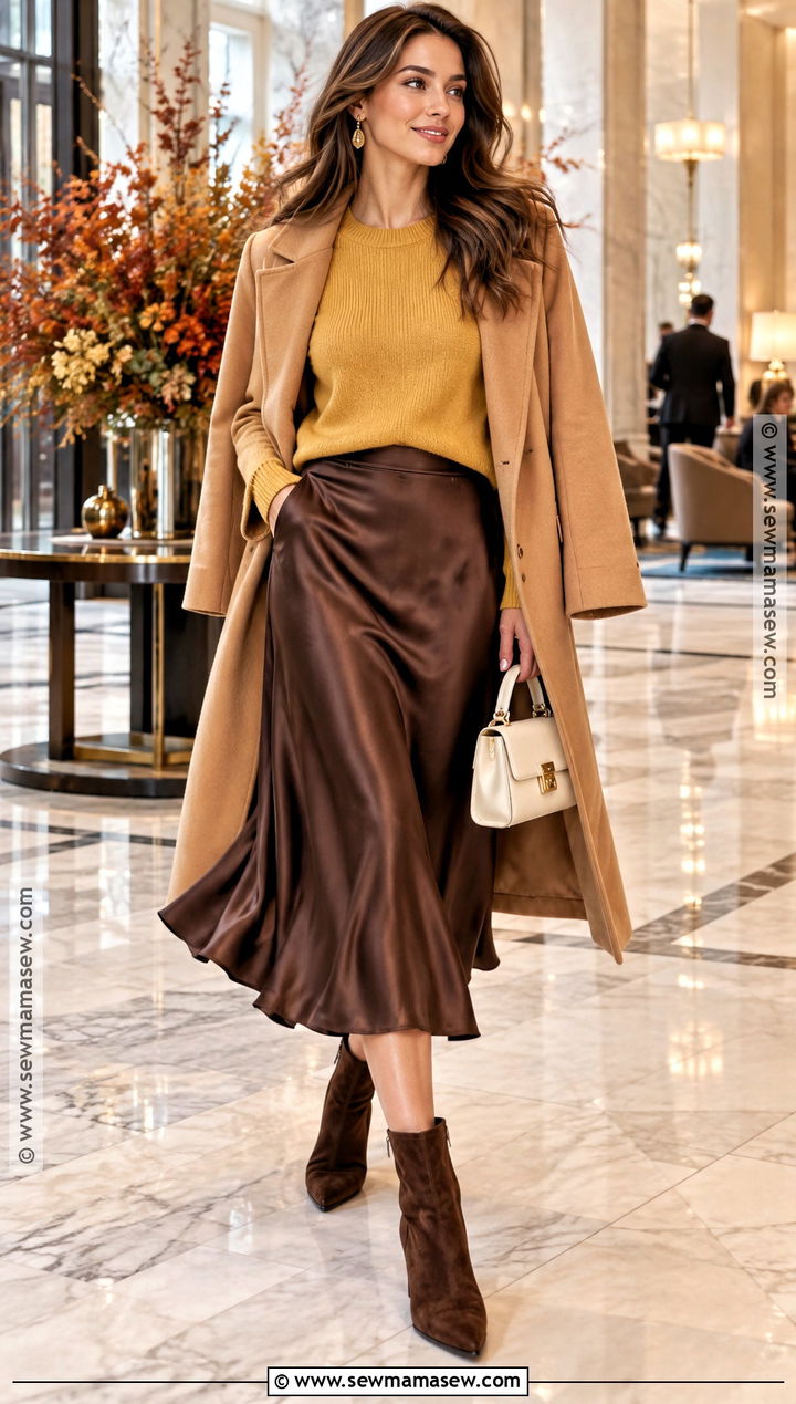 Yellow Sweater With Chocolate Brown Satin Skirt - 15 Autumn Yellow Sweater Ideas