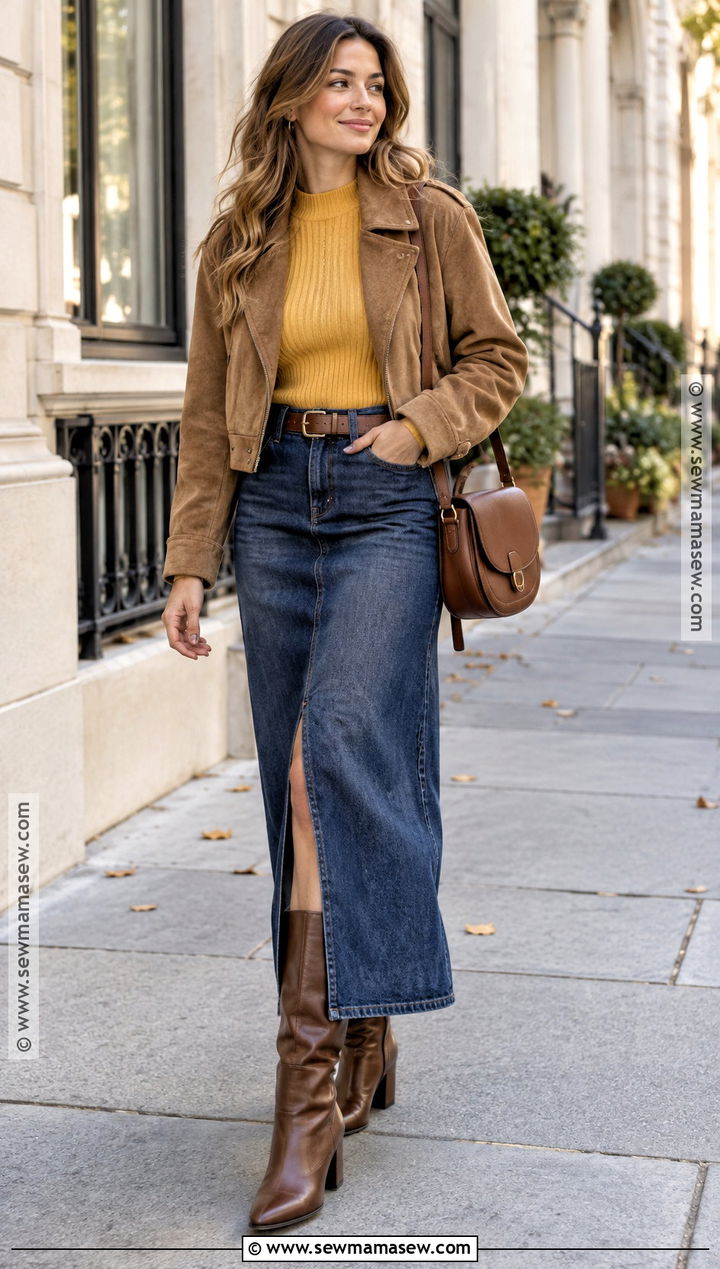 Yellow Sweater With Denim Maxi Skirt - 15 Autumn Yellow Sweater Ideas