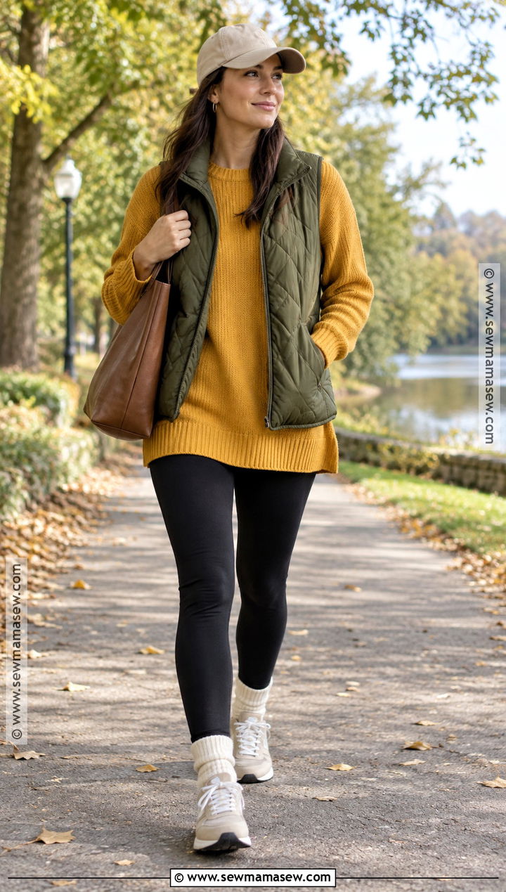 Yellow Sweater With Leggings And Quilted Vest - 15 Autumn Yellow Sweater Ideas