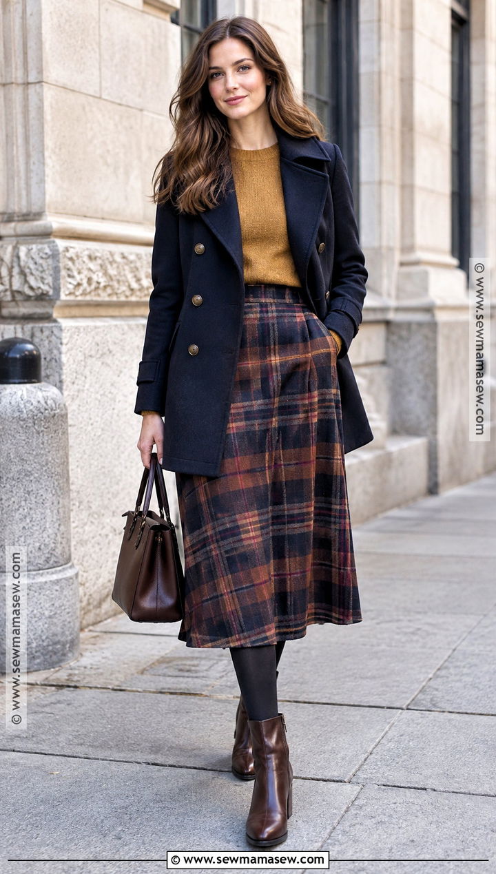Yellow Sweater With Plaid Midi Skirt - 15 Autumn Yellow Sweater Ideas