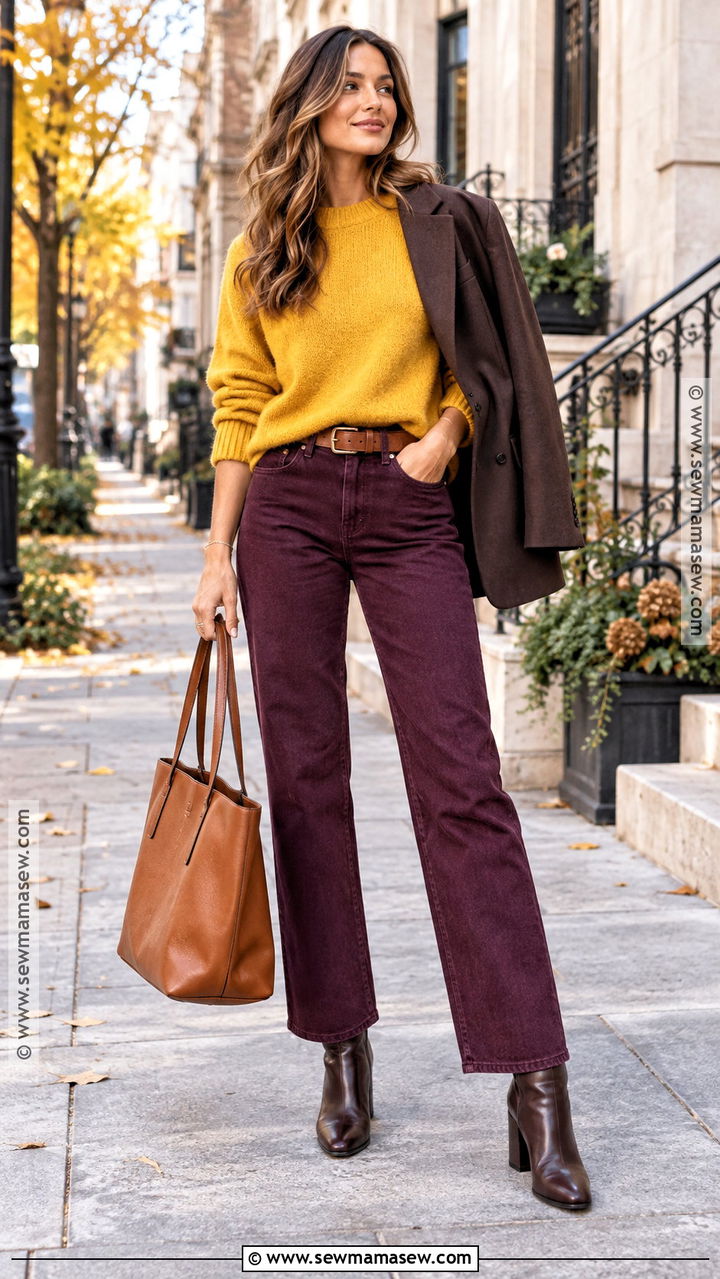Yellow Sweater and Plum Jeans Outfit - 20 Bright Autumn Outfits