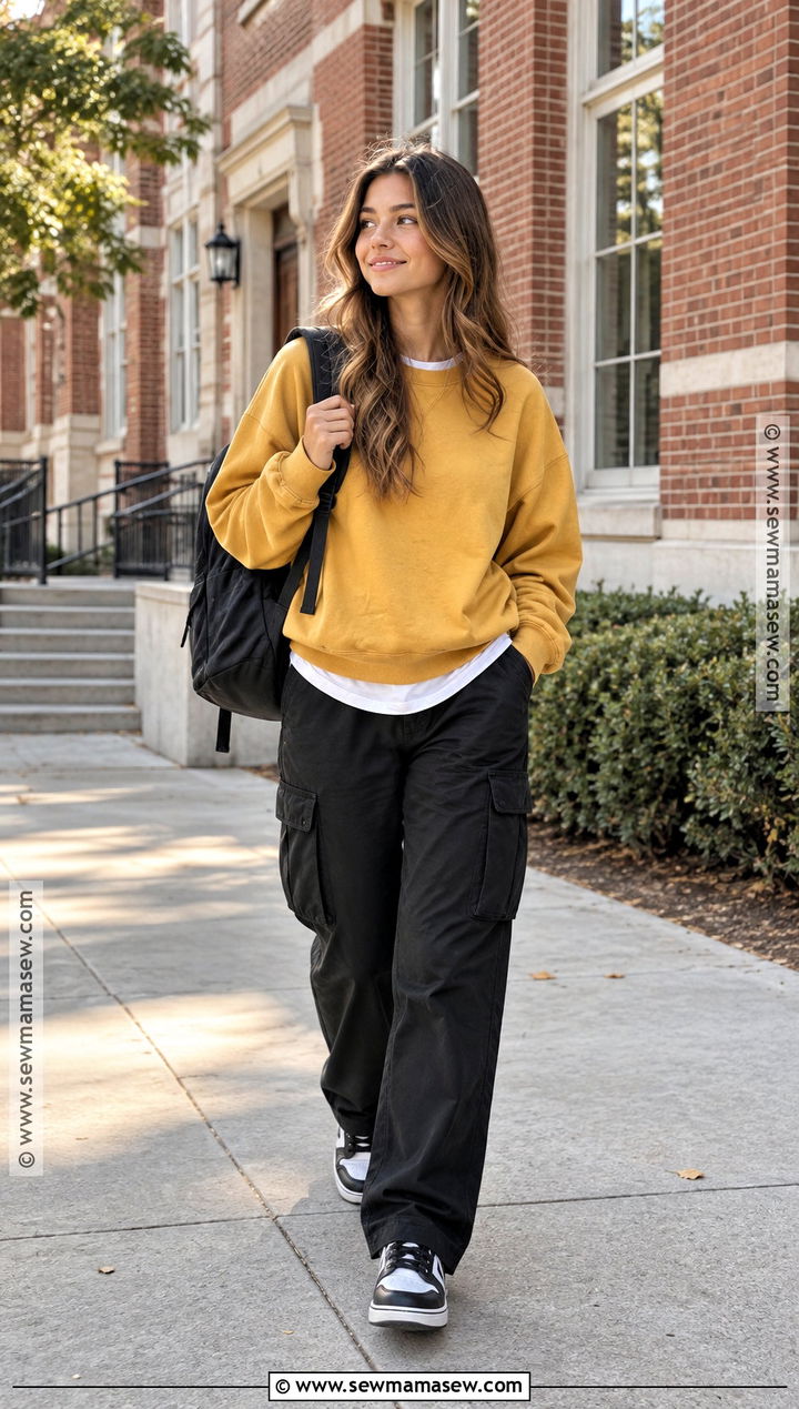 Yellow Sweatshirt And Black Cargo Pants Outfit - 15 yellow back to school outfits