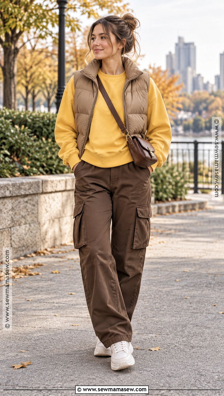 Yellow Sweatshirt And Brown Cargo Pants Outfit - 15 Brown And Yellow Fall Fashion Ideas