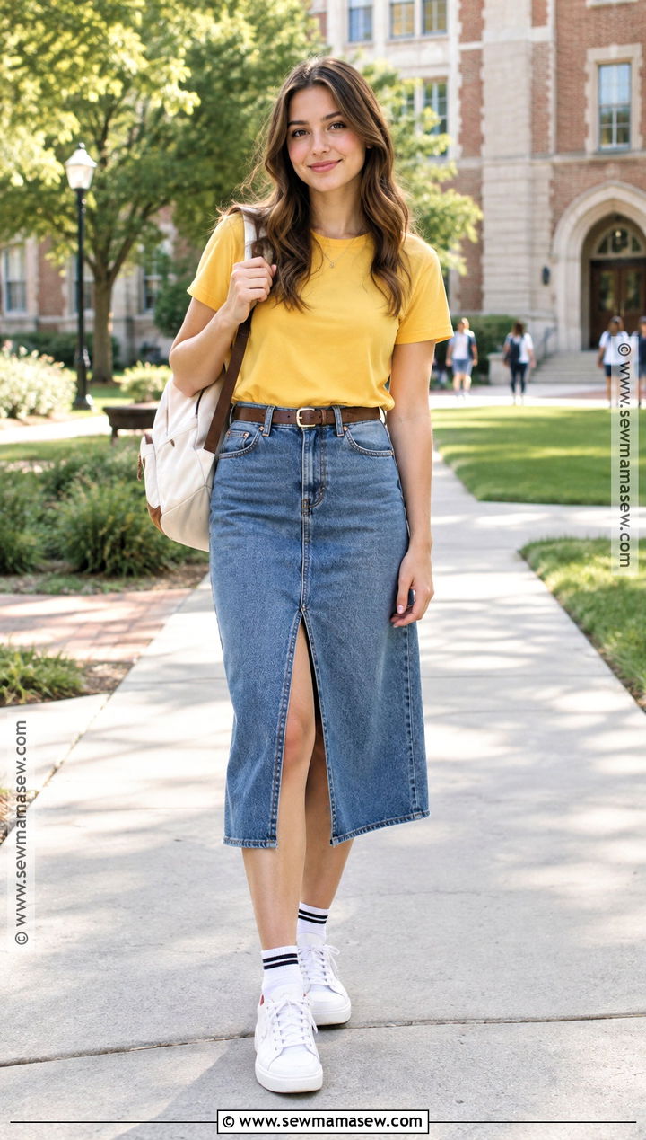 Yellow T Shirt And Denim Midi Skirt Outfit - 15 yellow back to school outfits