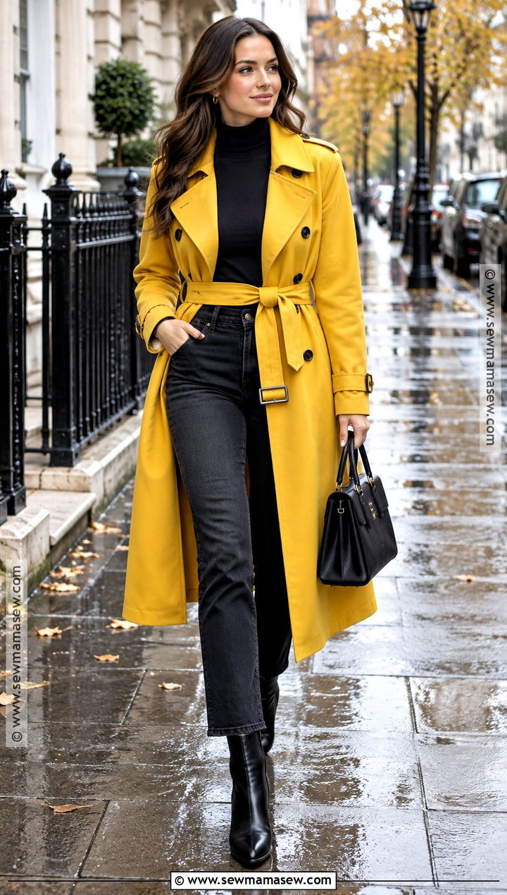 Yellow Trench Coat With Black Basics - 15 Yellow Fall Outfit Ideas