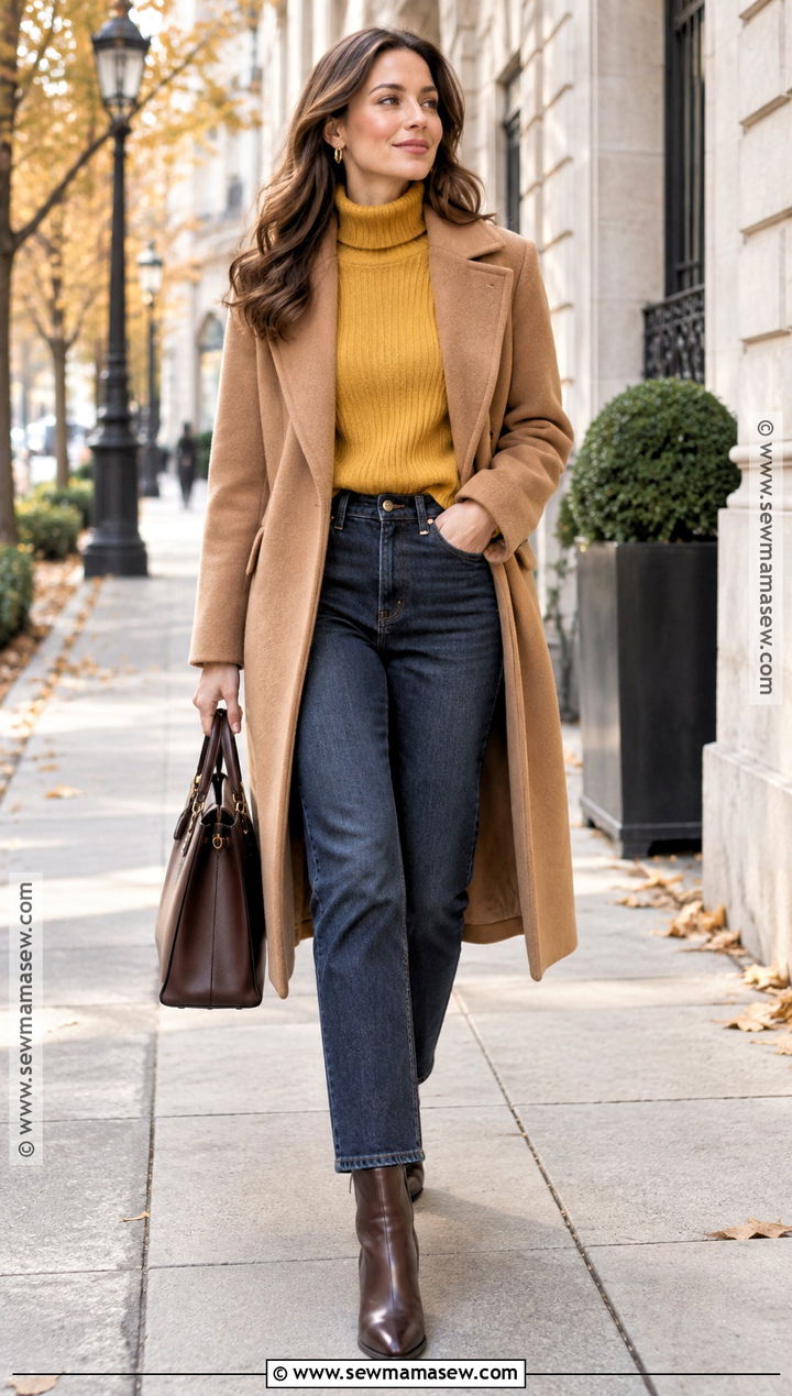 Yellow Turtleneck Sweater With Camel Coat - 20 yellow sweater outfit fall ideas