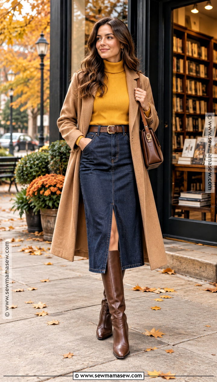 Yellow Turtleneck With Denim Midi Skirt - 15 Yellow Fall Outfit Ideas