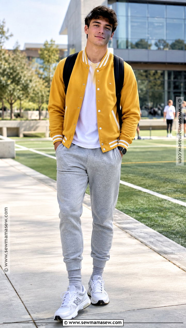 Yellow Varsity Jacket And Gray Joggers Outfit - 15 yellow back to school outfits