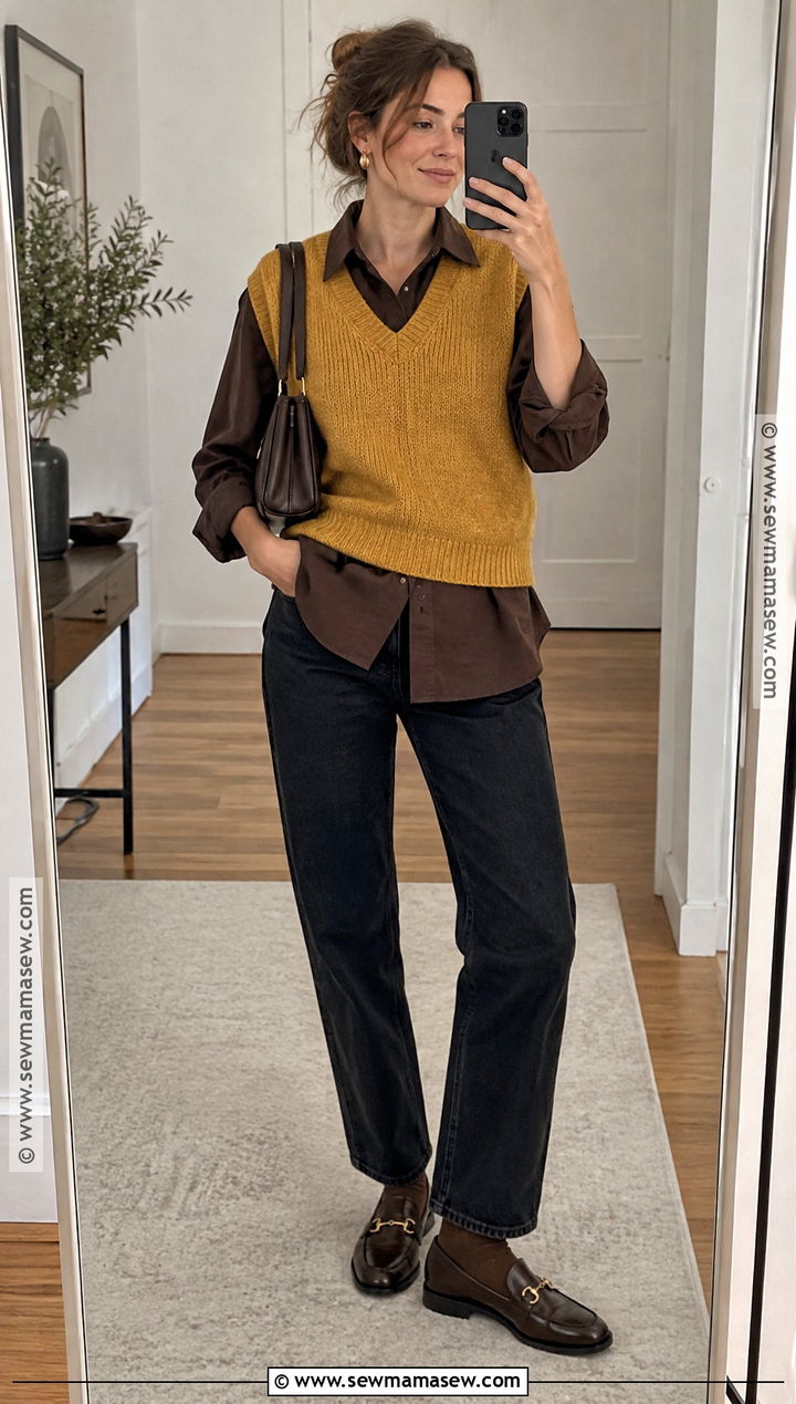 Yellow Vest And Brown Shirt Outfit - 15 Brown And Yellow Fall Fashion Ideas