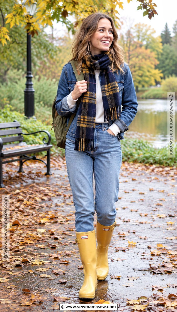 Yellow Wellies With Mom Jeans And Denim Jacket - 15 wellies outfit autumn ideas