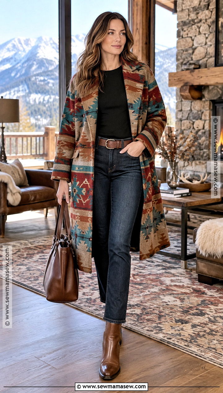 Yellowstone Blanket Coat And Dark Denim Outfit - 15 Yellowstone Outfit Ideas Fall
