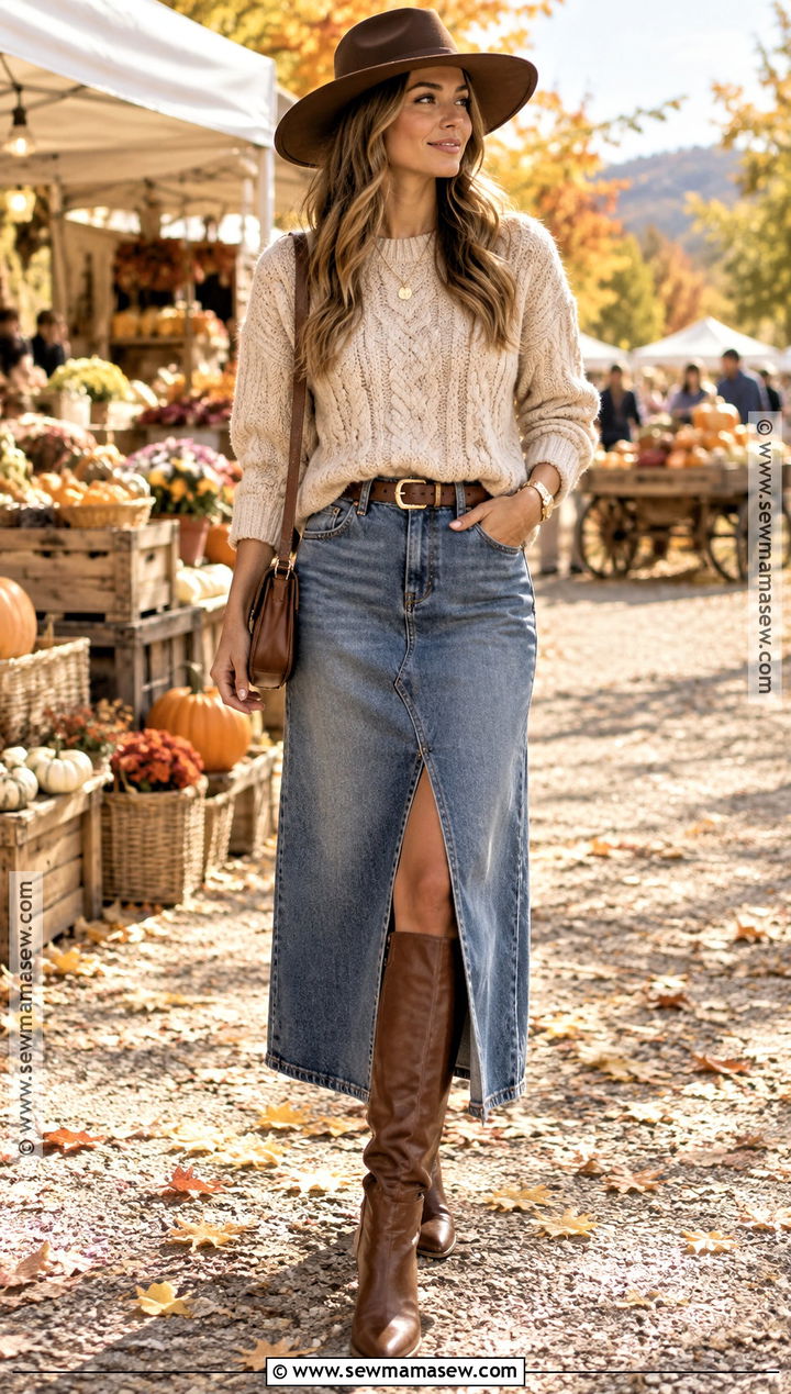 Yellowstone Cable Knit Sweater And Denim Skirt Outfit - 15 Yellowstone Outfit Ideas Fall