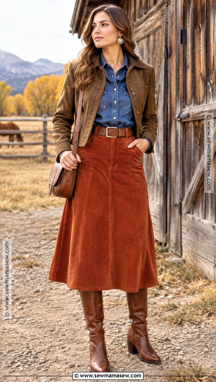 Yellowstone Denim Shirt And Corduroy Skirt Outfit - 15 Yellowstone Outfit Ideas Fall