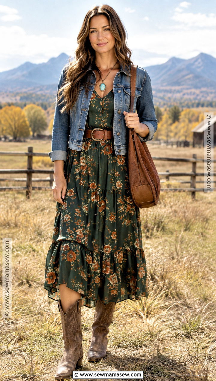 Yellowstone Floral Midi Dress And Cowboy Boots Outfit - 15 Yellowstone Outfit Ideas Fall
