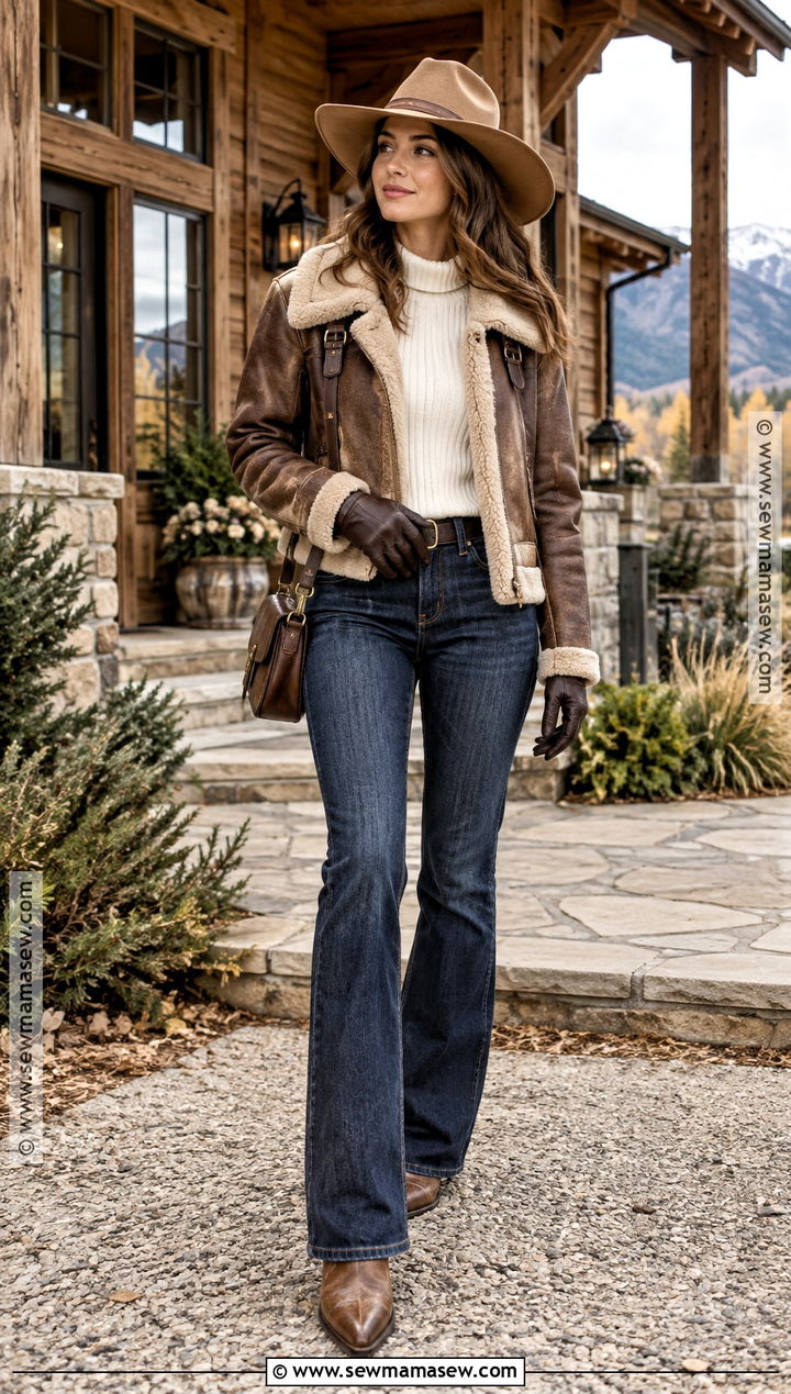 Yellowstone Shearling Jacket And Bootcut Jeans Outfit - 15 Yellowstone Outfit Ideas Fall