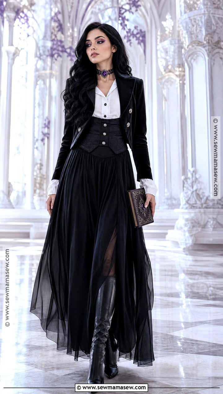 Yennefer Costume With Black And White Layers - 30 long black hair halloween costumes