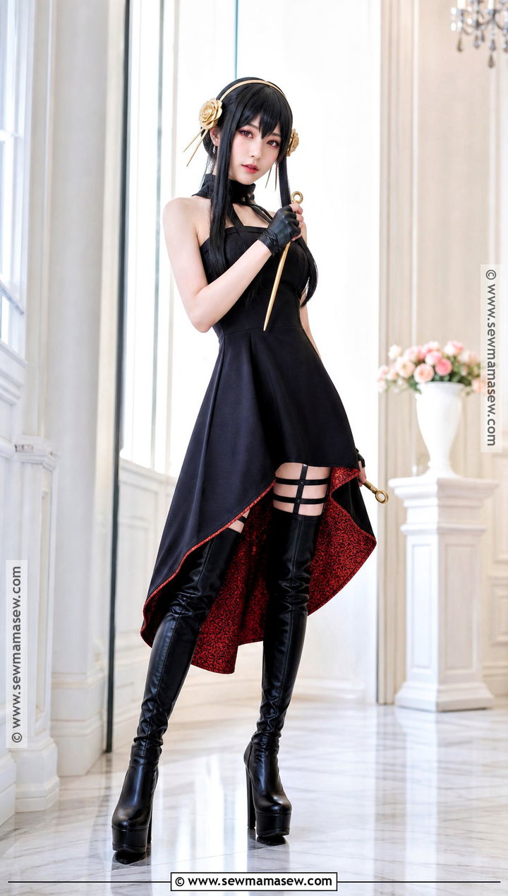 Yor Forger Black Hair Cosplay With Red Lined Dress - 30 cosplay black hair ideas