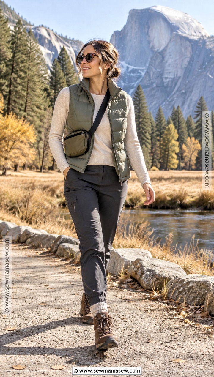 Yosemite Fall Outfit With Quilted Vest And Hiking Pants - 15 Yosemite Outfits Fall