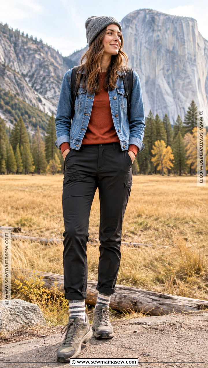 Yosemite Fall Valley Outfit With Denim Jacket And Black Pants - 15 Yosemite Outfits Fall