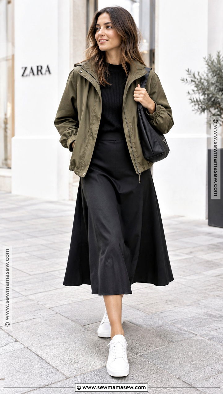 Zara Autumn Technical Jacket And Midi Skirt Outfit - 20 zara autumn outfit ideas