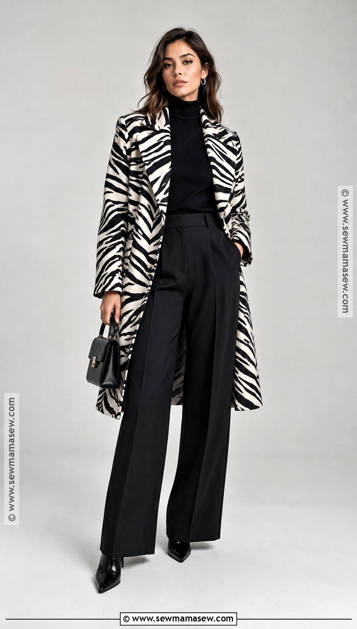 Zebra Coat And Black Trousers Outfit - 15 fall trend 2026 outfit ideas