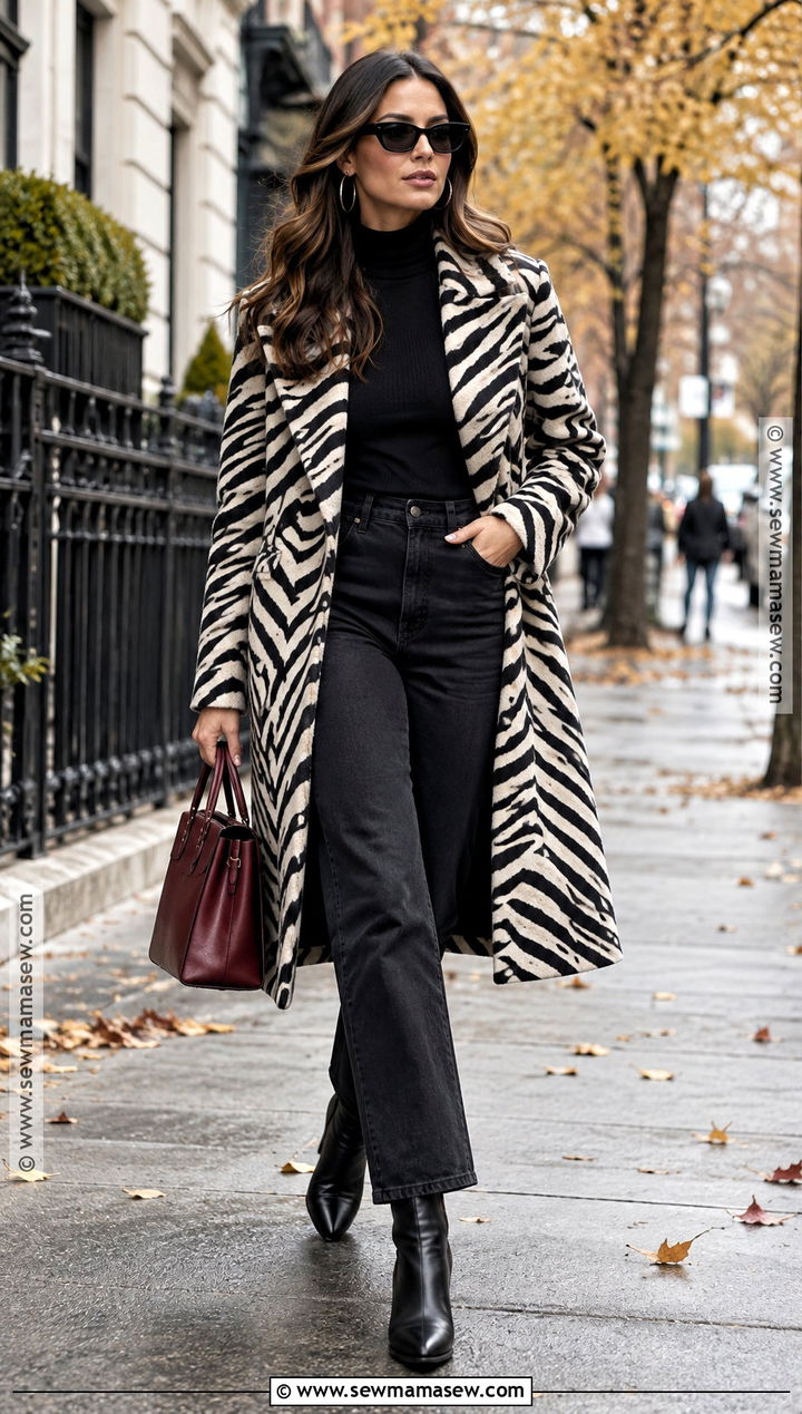 Zebra Print Coat and Black Jeans Fall Street Style Outfit - 15 2026 Fall Street Style Ideas