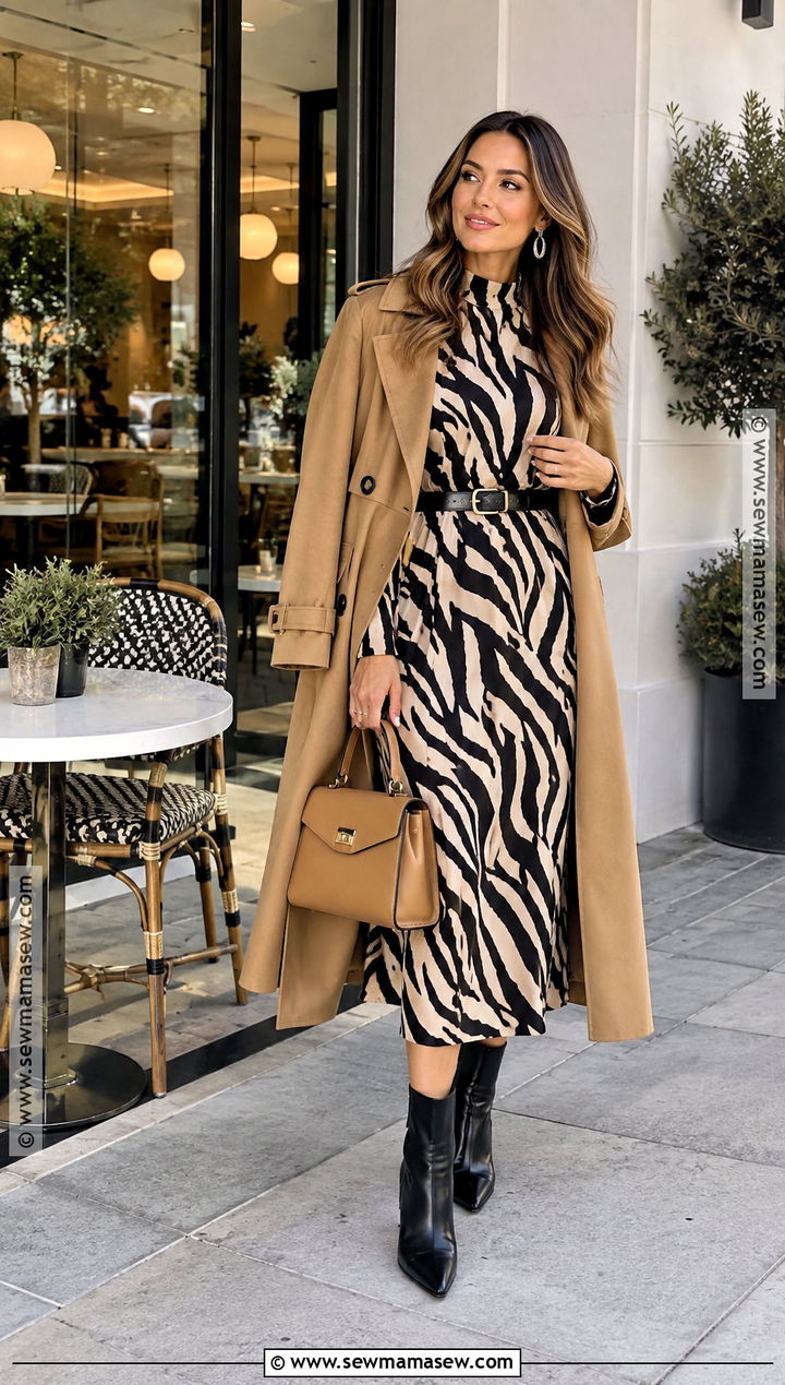 Zebra Print Midi Dress Outfit - 15 animal print fashion fall ideas