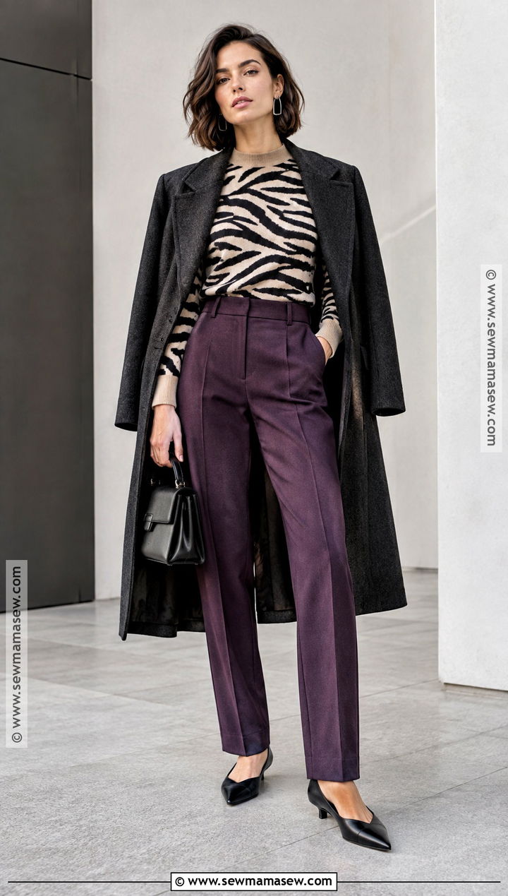 Zebra Sweater And Purple Trousers Fall Outfit - 20 punchy fall outfits