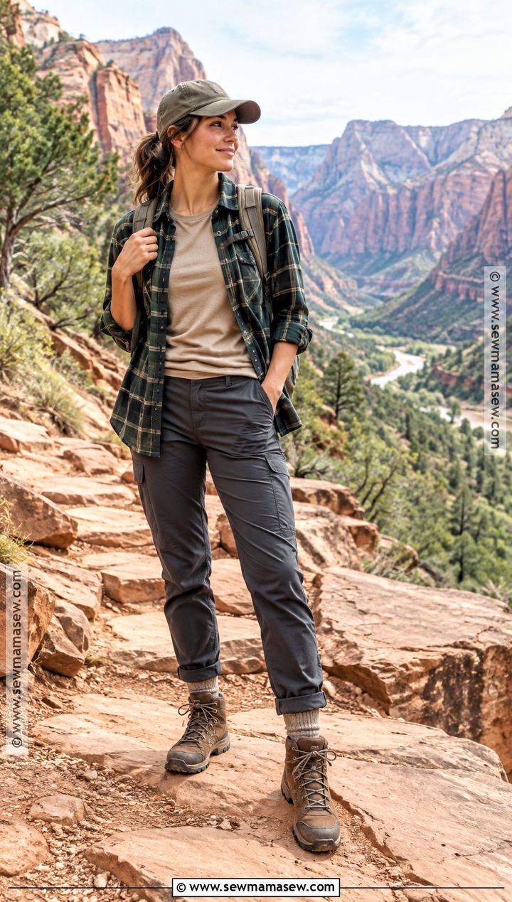Zion Fall Outfit With Hiking Pants And Flannel Shirt - 15 zion national park outfit fall ideas