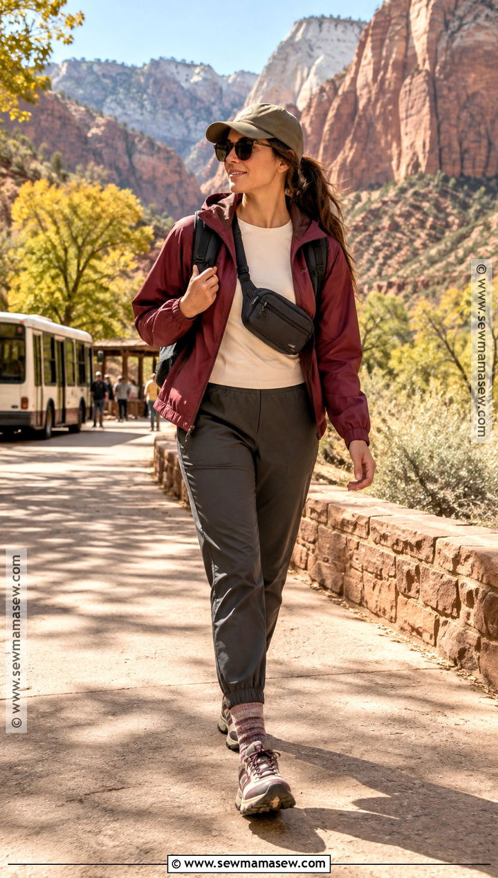 Zion Fall Outfit With Trail Joggers And Windbreaker - 15 zion national park outfit fall ideas