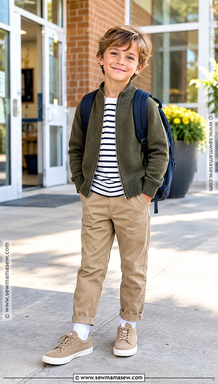 Zip Cardigan With T Shirt And Khakis - 15 kids fall fashion sweater ideas