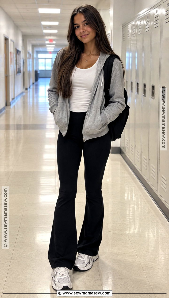 Zip Hoodie And Flared Leggings Back to School Outfit - 15 back-to-school outfit ideas