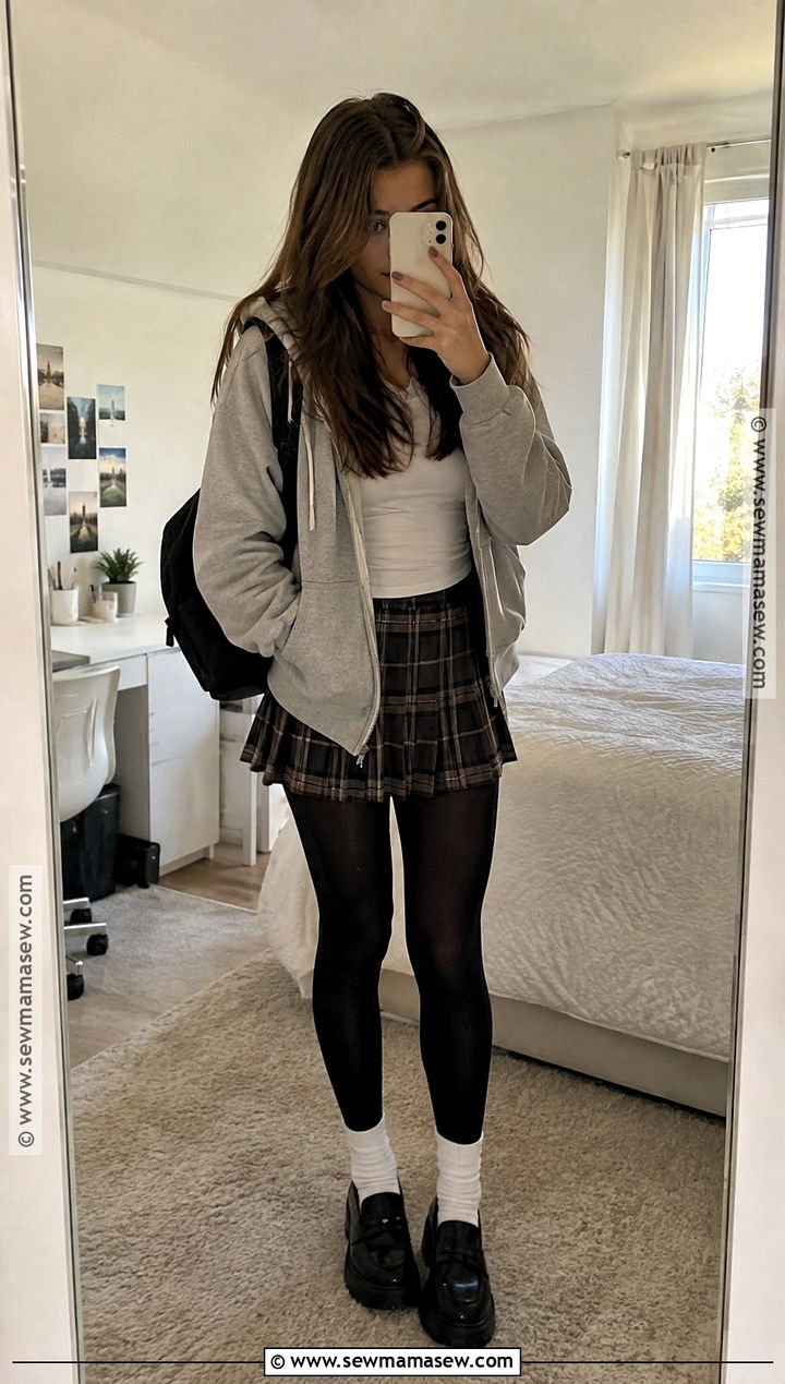 Zip Hoodie And Mini Skirt With Tights Fall Outfit - 20 Teen Girl Fall Outfits