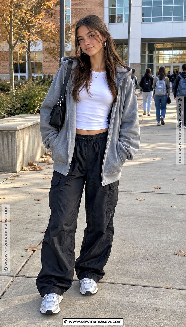 Zip Hoodie And Parachute Pants Fall Outfit - 15 cute fall outfits for teens
