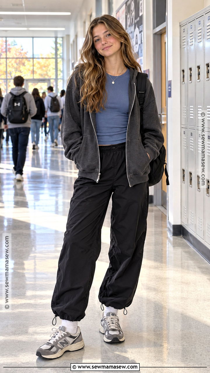 Zip Hoodie And Parachute Pants High School Outfit - 20 fall outfits high school