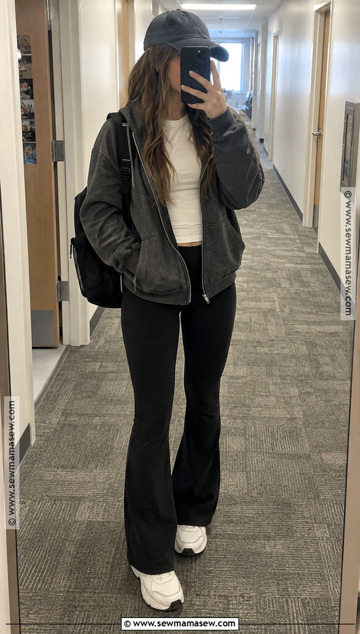 Zip Hoodie Flared Leggings and Sneakers Outfit - 30 back to school outfits