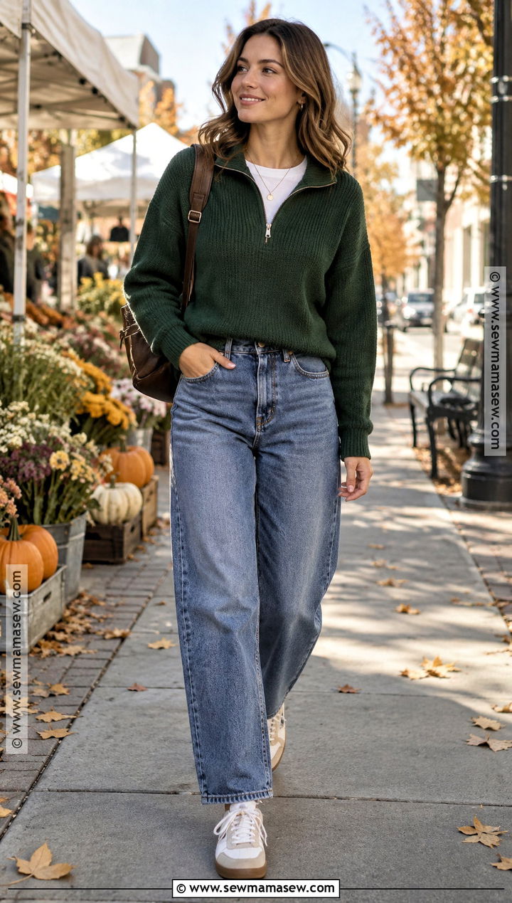 Zip Neck Sweater Outfit With Barrel Jeans - 15 Autumn Sweaters for Women