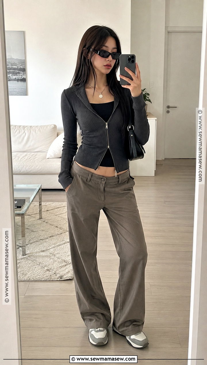 Zip Up Cardigan and Low Rise Trousers Acubi Autumn Outfit - 20 acubi autumn outfits