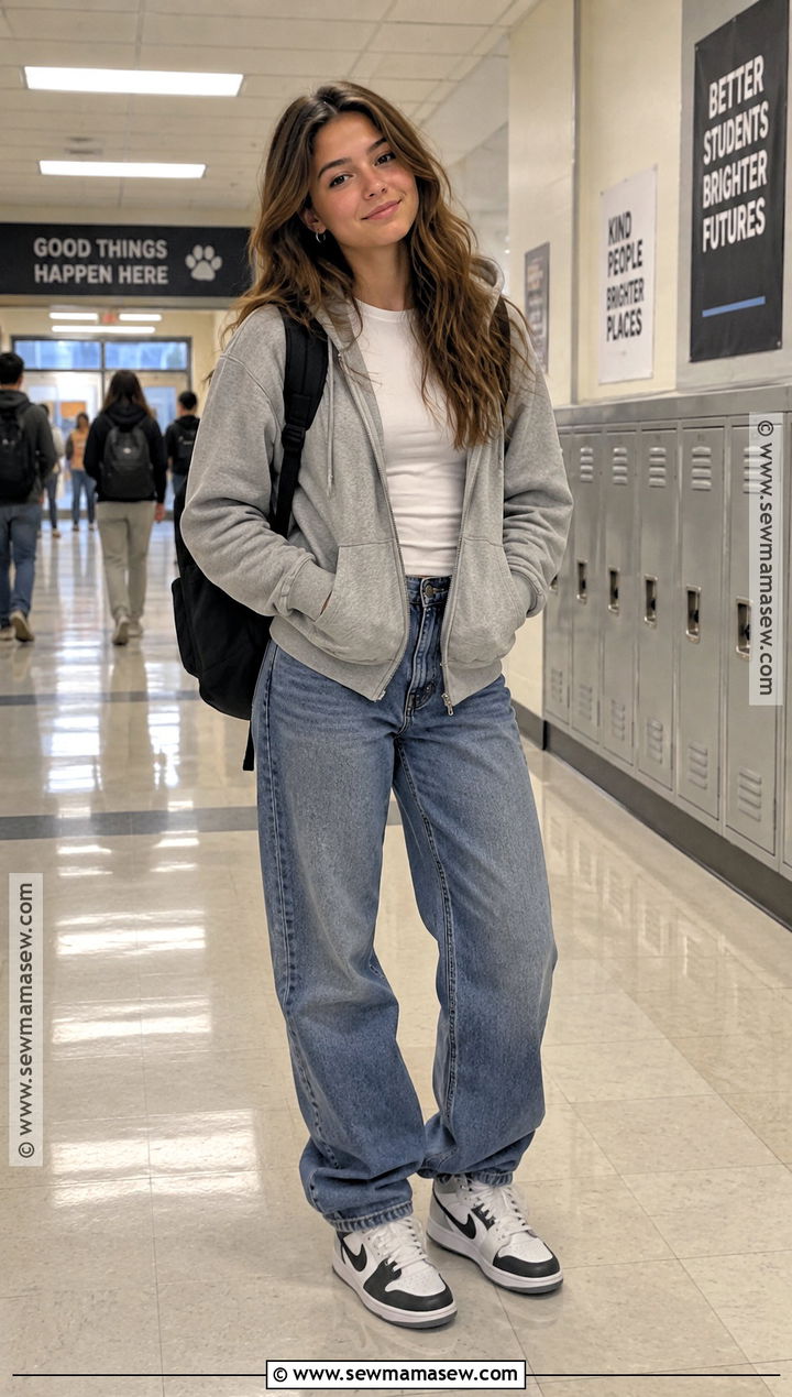 Zip Up Hoodie And Baggy Jeans Fall School Outfit - 15 Fall School Outfits Highschool Casual