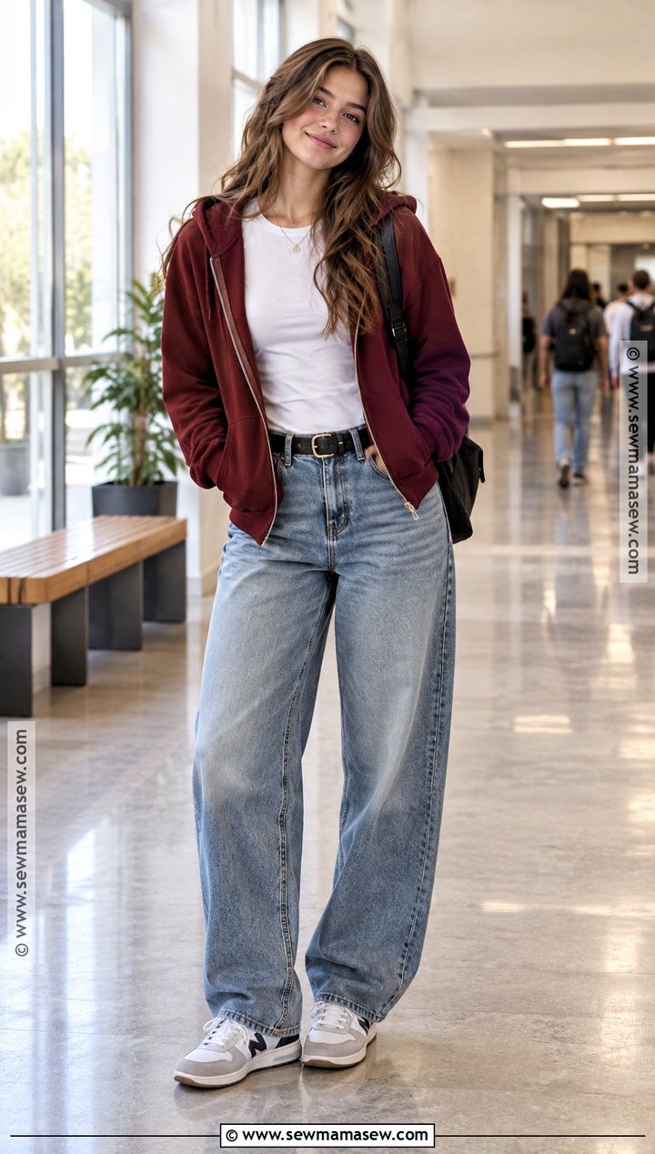 Zip Up Hoodie And Barrel Jeans School Outfit - 15 Cute Fits For School Fall
