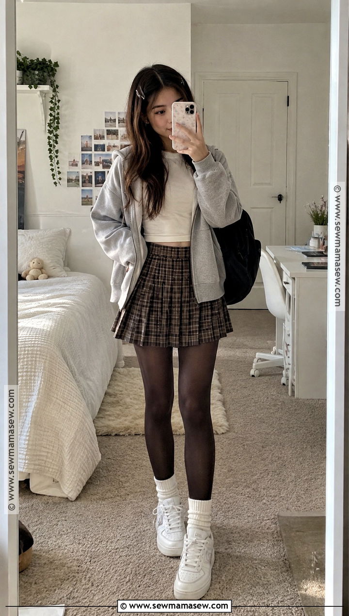 Zip Up Hoodie And Checkered Skirt Outfit - 20 Fall Teen Girl Outfits