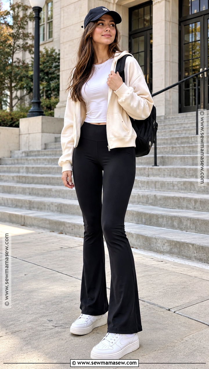 Zip Up Hoodie And Flare Leggings School Outfit - 15 lazy back to school outfits