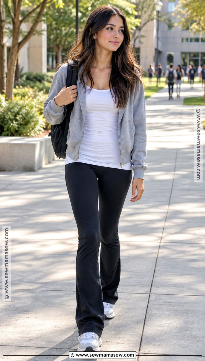 Zip Up Hoodie And Flared Leggings Back To School Outfit - 25 Back To School Inspo Outfits