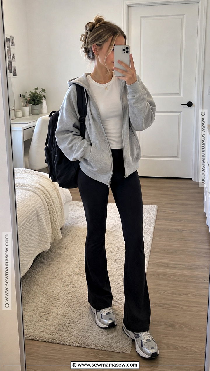 Zip Up Hoodie And Flared Leggings Outfit - 25 back to school outfits for teens