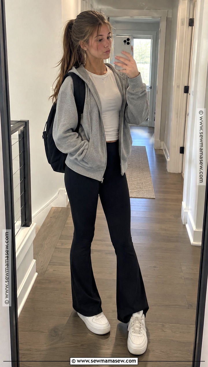 Zip Up Hoodie And Flared Leggings School Outfit - 20 cute back to school outfits highschool