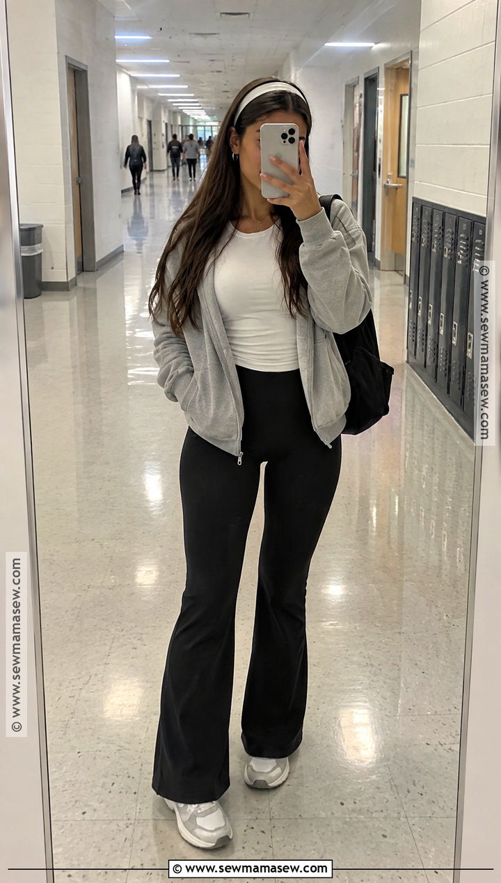 Zip Up Hoodie And Flared Leggings School Outfit - 20 comfy school outfits fall