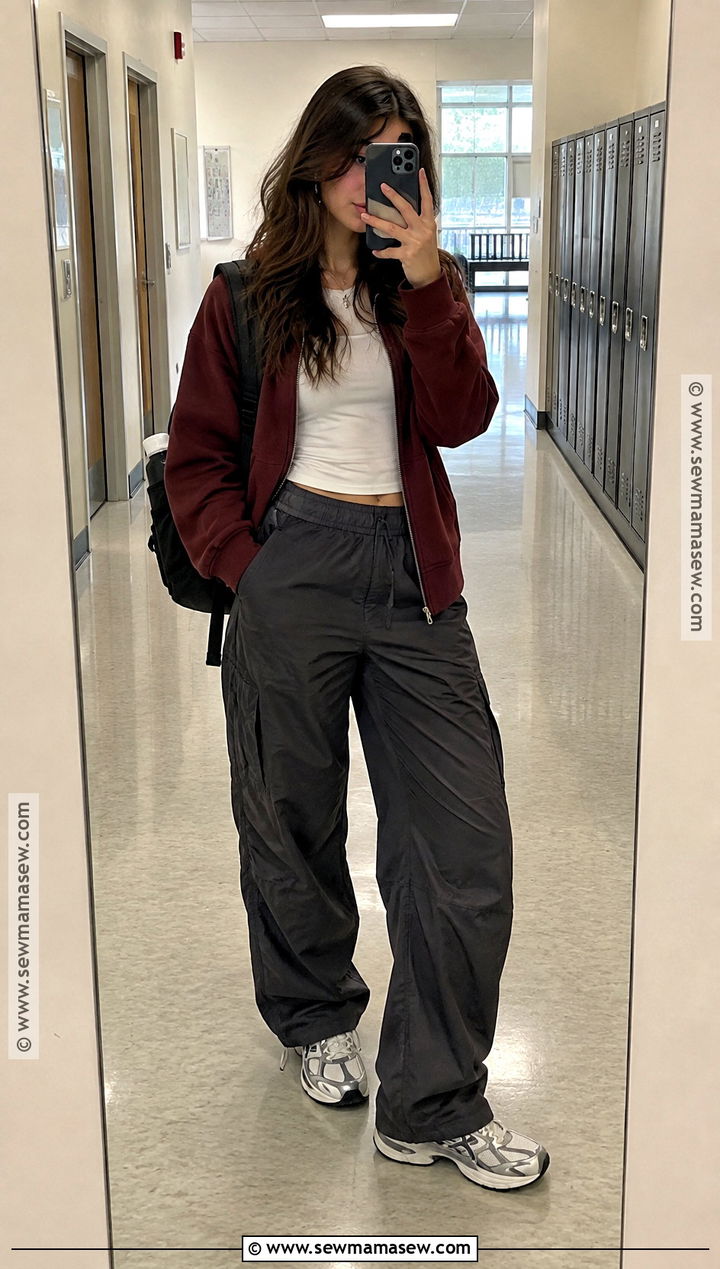 Zip Up Hoodie And Parachute Pants School Outfit - 25 autumn outfits for school